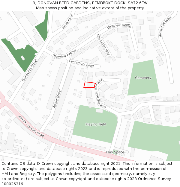 9, DONOVAN REED GARDENS, PEMBROKE DOCK, SA72 6EW: Location map and indicative extent of plot