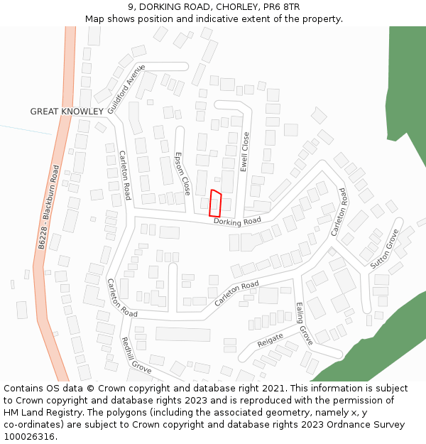 9, DORKING ROAD, CHORLEY, PR6 8TR: Location map and indicative extent of plot