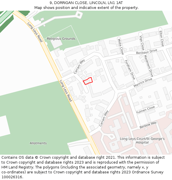 9, DORRIGAN CLOSE, LINCOLN, LN1 1AT: Location map and indicative extent of plot