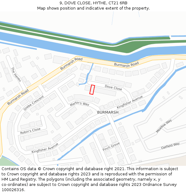 9, DOVE CLOSE, HYTHE, CT21 6RB: Location map and indicative extent of plot