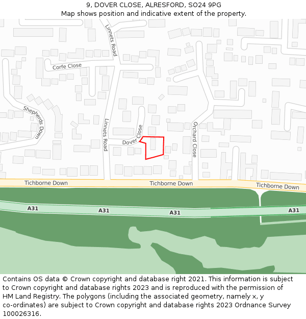 9, DOVER CLOSE, ALRESFORD, SO24 9PG: Location map and indicative extent of plot