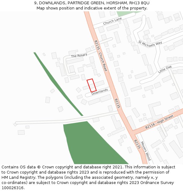 9, DOWNLANDS, PARTRIDGE GREEN, HORSHAM, RH13 8QU: Location map and indicative extent of plot