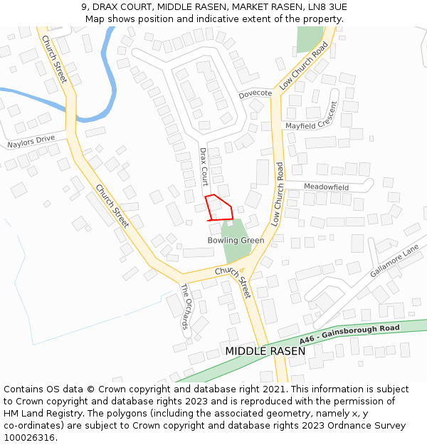 9, DRAX COURT, MIDDLE RASEN, MARKET RASEN, LN8 3UE: Location map and indicative extent of plot