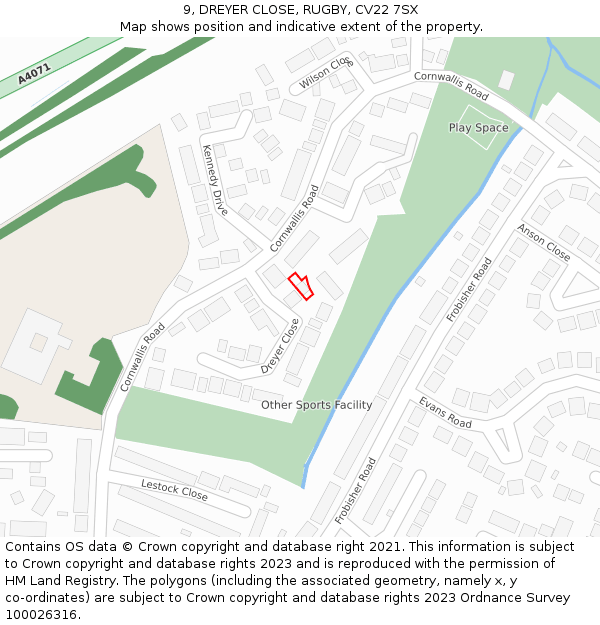 9, DREYER CLOSE, RUGBY, CV22 7SX: Location map and indicative extent of plot