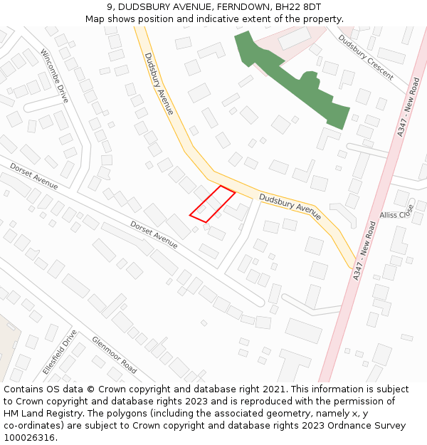 9, DUDSBURY AVENUE, FERNDOWN, BH22 8DT: Location map and indicative extent of plot