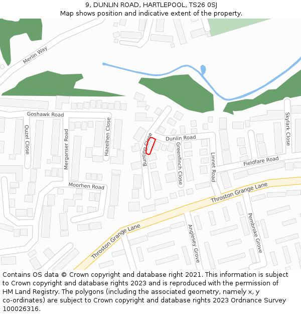 9, DUNLIN ROAD, HARTLEPOOL, TS26 0SJ: Location map and indicative extent of plot