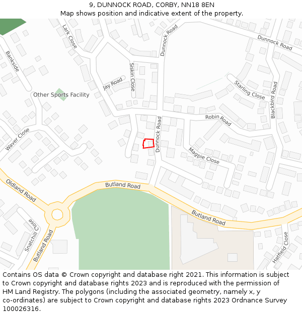 9, DUNNOCK ROAD, CORBY, NN18 8EN: Location map and indicative extent of plot
