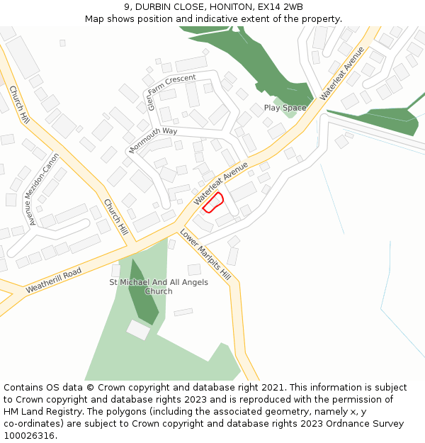 9, DURBIN CLOSE, HONITON, EX14 2WB: Location map and indicative extent of plot