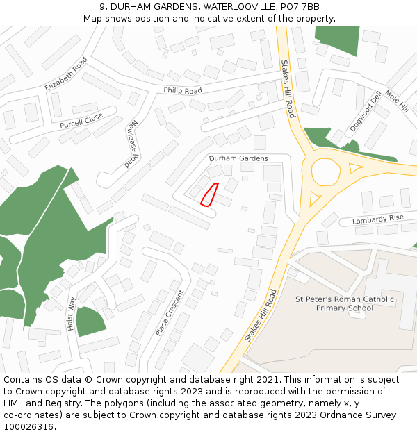 9, DURHAM GARDENS, WATERLOOVILLE, PO7 7BB: Location map and indicative extent of plot