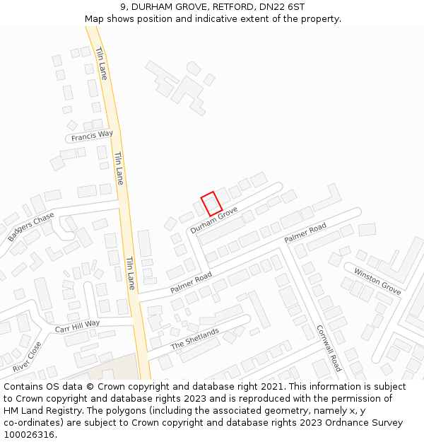 9, DURHAM GROVE, RETFORD, DN22 6ST: Location map and indicative extent of plot