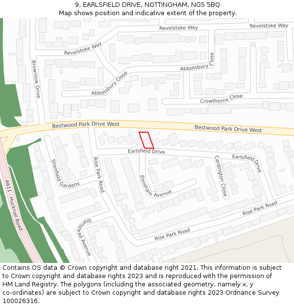 9, EARLSFIELD DRIVE, NOTTINGHAM, NG5 5BQ: Location map and indicative extent of plot