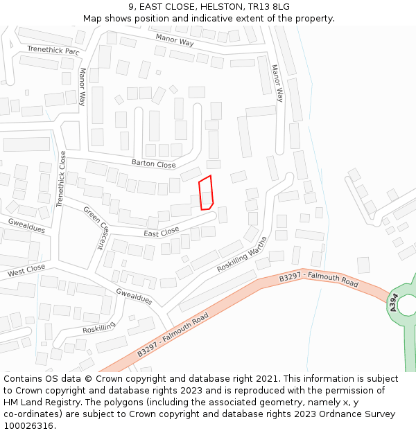 9, EAST CLOSE, HELSTON, TR13 8LG: Location map and indicative extent of plot