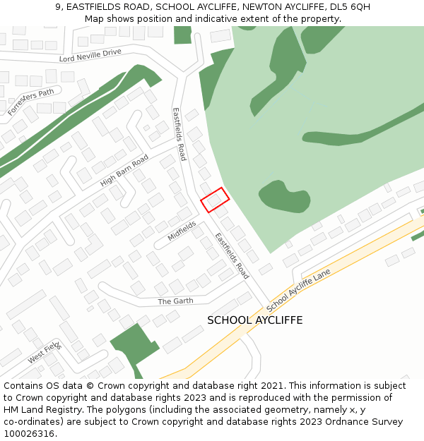 9, EASTFIELDS ROAD, SCHOOL AYCLIFFE, NEWTON AYCLIFFE, DL5 6QH: Location map and indicative extent of plot