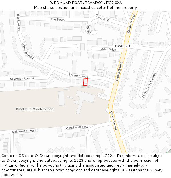 9, EDMUND ROAD, BRANDON, IP27 0XA: Location map and indicative extent of plot