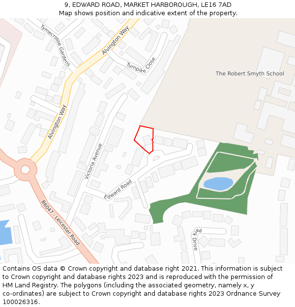 9, EDWARD ROAD, MARKET HARBOROUGH, LE16 7AD: Location map and indicative extent of plot