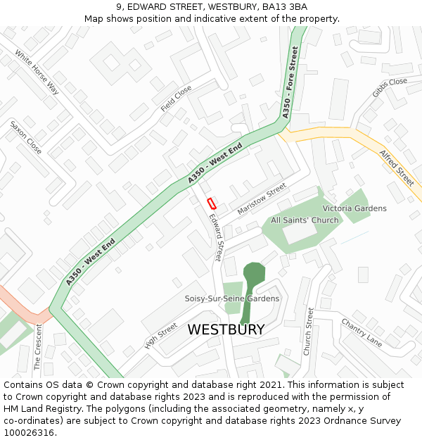 9, EDWARD STREET, WESTBURY, BA13 3BA: Location map and indicative extent of plot