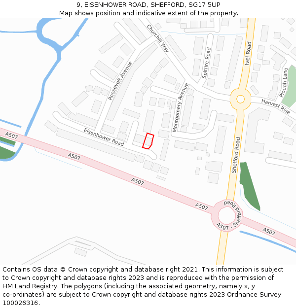 9, EISENHOWER ROAD, SHEFFORD, SG17 5UP: Location map and indicative extent of plot