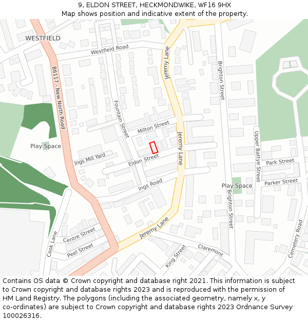 9, ELDON STREET, HECKMONDWIKE, WF16 9HX: Location map and indicative extent of plot