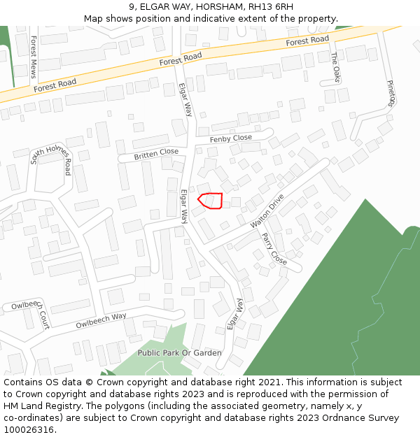 9, ELGAR WAY, HORSHAM, RH13 6RH: Location map and indicative extent of plot