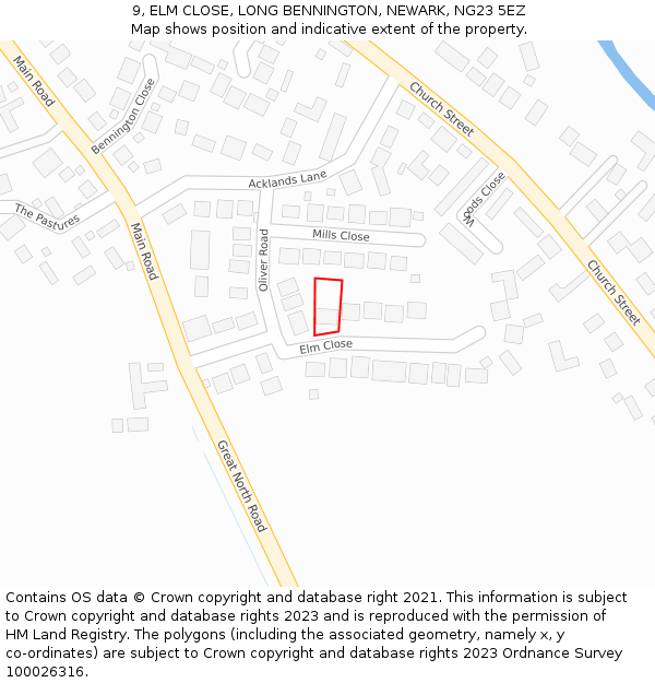 9, ELM CLOSE, LONG BENNINGTON, NEWARK, NG23 5EZ: Location map and indicative extent of plot