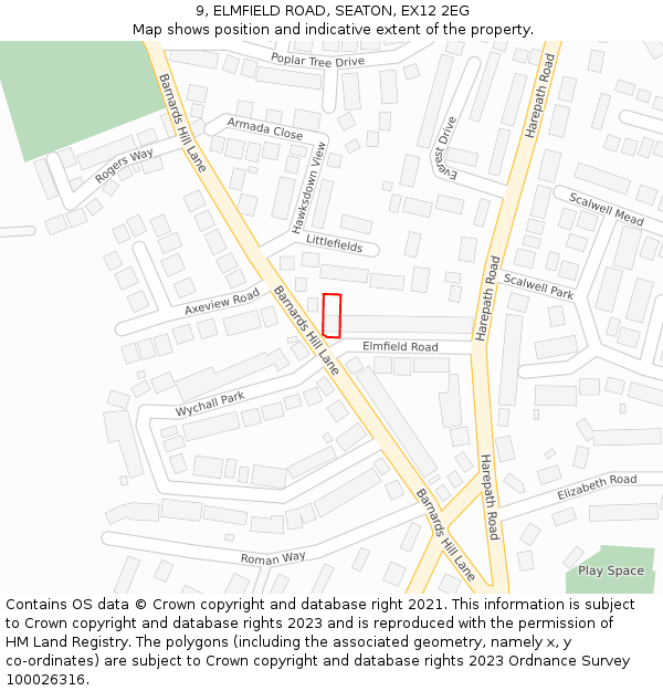 9, ELMFIELD ROAD, SEATON, EX12 2EG: Location map and indicative extent of plot