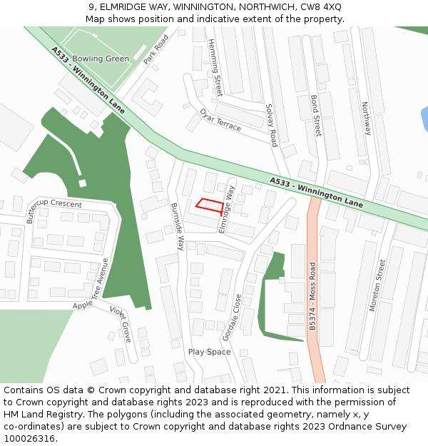 9, ELMRIDGE WAY, WINNINGTON, NORTHWICH, CW8 4XQ: Location map and indicative extent of plot