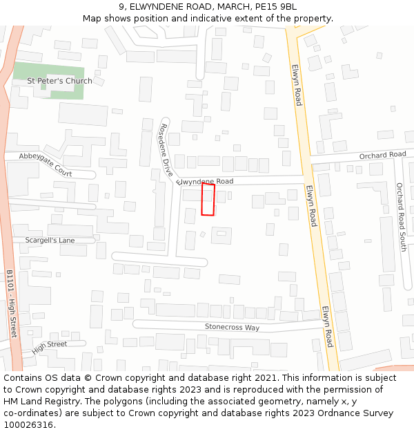 9, ELWYNDENE ROAD, MARCH, PE15 9BL: Location map and indicative extent of plot