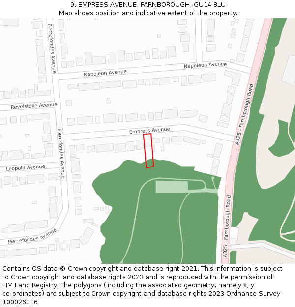 9, EMPRESS AVENUE, FARNBOROUGH, GU14 8LU: Location map and indicative extent of plot