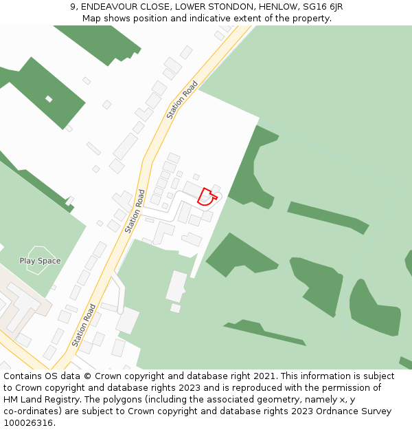9, ENDEAVOUR CLOSE, LOWER STONDON, HENLOW, SG16 6JR: Location map and indicative extent of plot