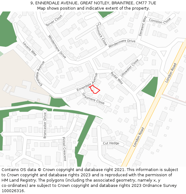 9, ENNERDALE AVENUE, GREAT NOTLEY, BRAINTREE, CM77 7UE: Location map and indicative extent of plot