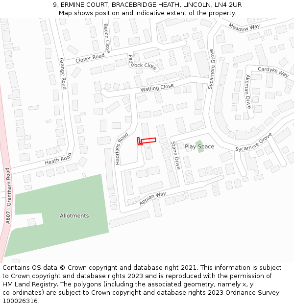 9, ERMINE COURT, BRACEBRIDGE HEATH, LINCOLN, LN4 2UR: Location map and indicative extent of plot