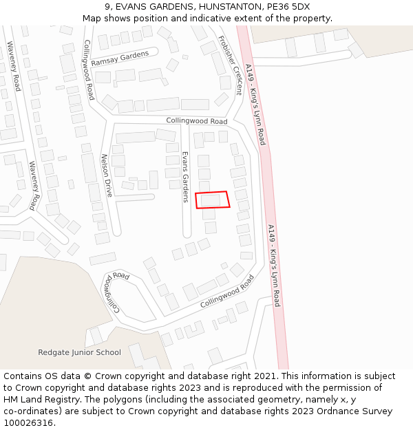 9, EVANS GARDENS, HUNSTANTON, PE36 5DX: Location map and indicative extent of plot