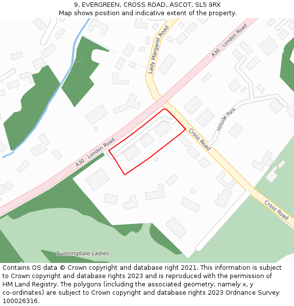 9, EVERGREEN, CROSS ROAD, ASCOT, SL5 9RX: Location map and indicative extent of plot