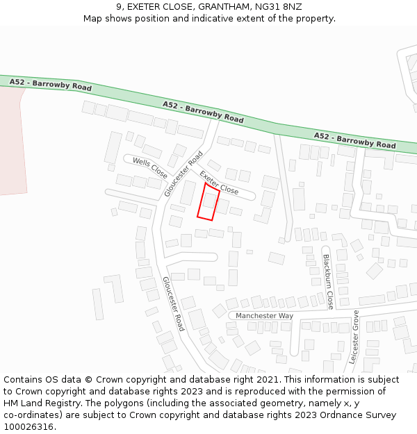 9, EXETER CLOSE, GRANTHAM, NG31 8NZ: Location map and indicative extent of plot