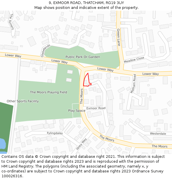 9, EXMOOR ROAD, THATCHAM, RG19 3UY: Location map and indicative extent of plot