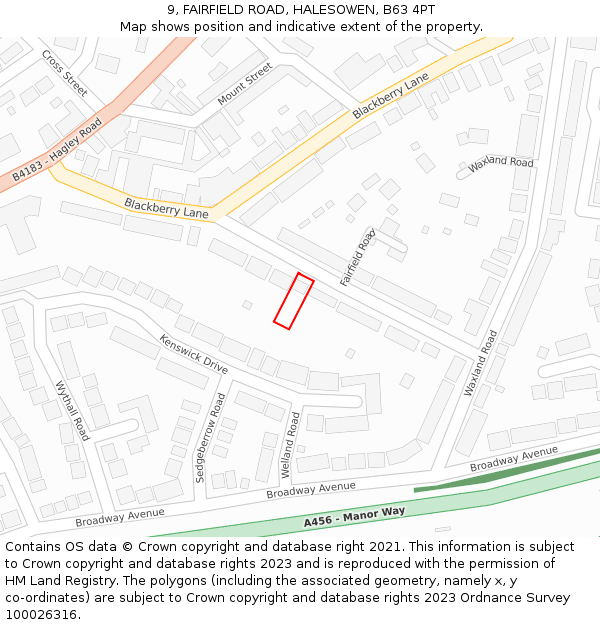 9, FAIRFIELD ROAD, HALESOWEN, B63 4PT: Location map and indicative extent of plot