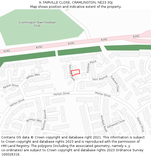 9, FAIRVILLE CLOSE, CRAMLINGTON, NE23 3GJ: Location map and indicative extent of plot