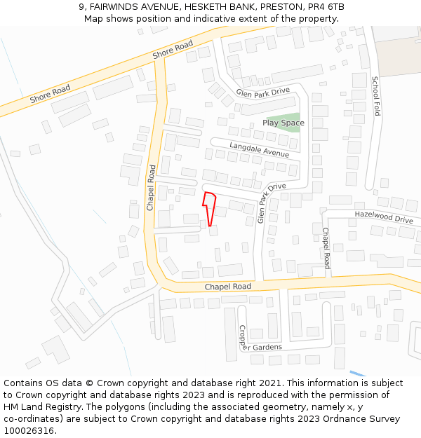 9, FAIRWINDS AVENUE, HESKETH BANK, PRESTON, PR4 6TB: Location map and indicative extent of plot