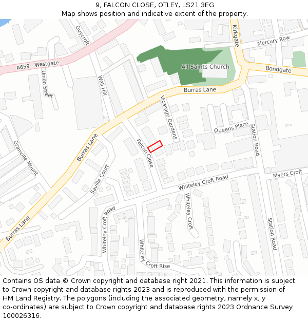 9, FALCON CLOSE, OTLEY, LS21 3EG: Location map and indicative extent of plot