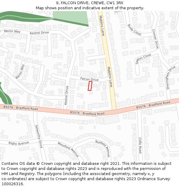 9, FALCON DRIVE, CREWE, CW1 3RX: Location map and indicative extent of plot