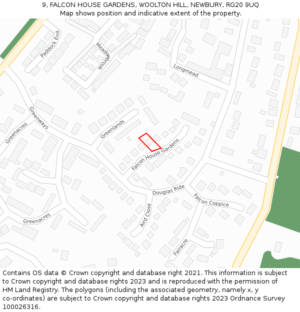 9, FALCON HOUSE GARDENS, WOOLTON HILL, NEWBURY, RG20 9UQ: Location map and indicative extent of plot