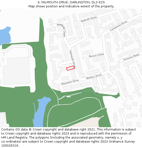 9, FALMOUTH DRIVE, DARLINGTON, DL3 0ZS: Location map and indicative extent of plot