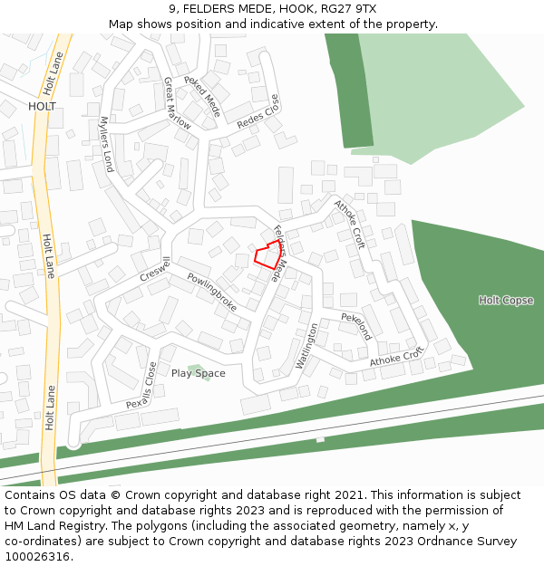 9, FELDERS MEDE, HOOK, RG27 9TX: Location map and indicative extent of plot