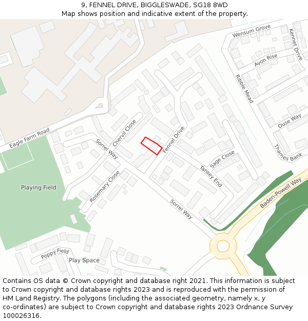 9, FENNEL DRIVE, BIGGLESWADE, SG18 8WD: Location map and indicative extent of plot