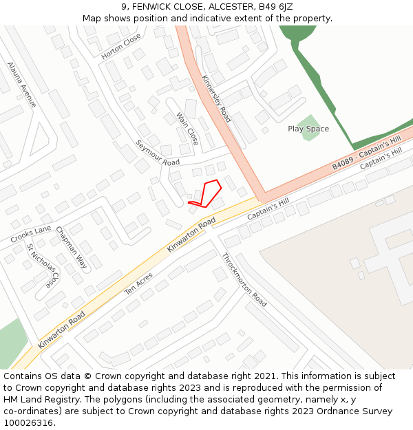 9, FENWICK CLOSE, ALCESTER, B49 6JZ: Location map and indicative extent of plot