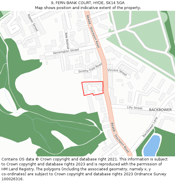 9, FERN BANK COURT, HYDE, SK14 5GA: Location map and indicative extent of plot