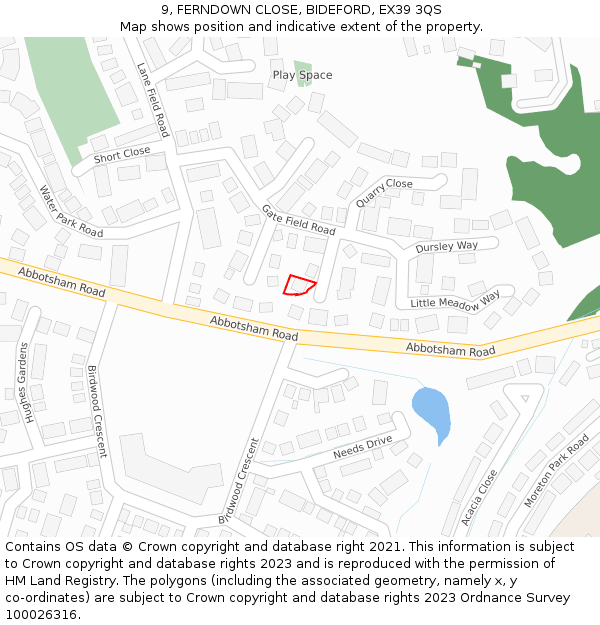 9, FERNDOWN CLOSE, BIDEFORD, EX39 3QS: Location map and indicative extent of plot