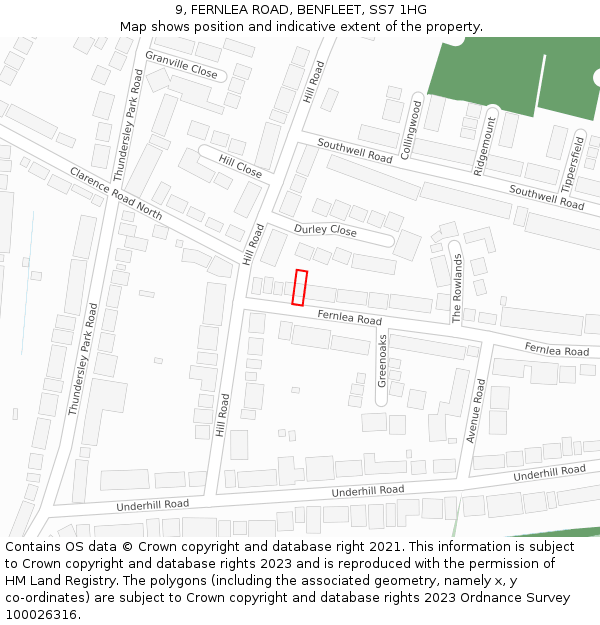 9, FERNLEA ROAD, BENFLEET, SS7 1HG: Location map and indicative extent of plot