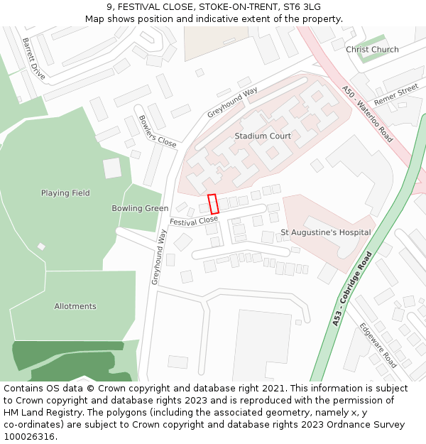 9, FESTIVAL CLOSE, STOKE-ON-TRENT, ST6 3LG: Location map and indicative extent of plot