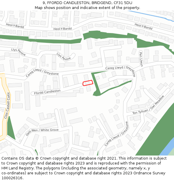 9, FFORDD CANDLESTON, BRIDGEND, CF31 5DU: Location map and indicative extent of plot